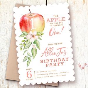 Apple Birthday Invitations, Apple of Our Eye, 1st Birthday Invitations Girl Apple, One Year Girl Invitations, Apple Theme, First Birthday