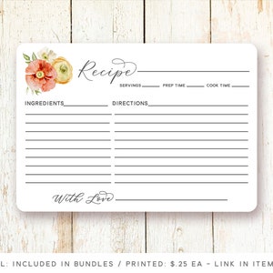 Peut inclure: Une carte de recette imprimable avec un motif floral. La carte comporte des sections pour les ingr&eacute;dients, les instructions, les portions, le temps de pr&eacute;paration et le temps de cuisson. Elle comprend &eacute;galement le texte "Recette" et "Avec amour".