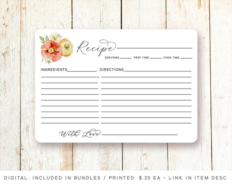 Peut inclure: Une carte de recette imprimable avec un motif floral. La carte comporte des sections pour les ingr&eacute;dients, les instructions, les portions, le temps de pr&eacute;paration et le temps de cuisson. Elle comprend &eacute;galement le texte "Recette" et "Avec amour".
