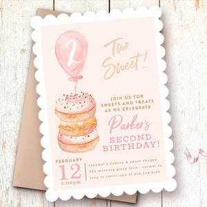 Donut Birthday Invitations, Two Sweet! Birthday Invitation, 2nd Birthday, Pink, Two Year Birthday Invitations, Sweets Party, Donut Party