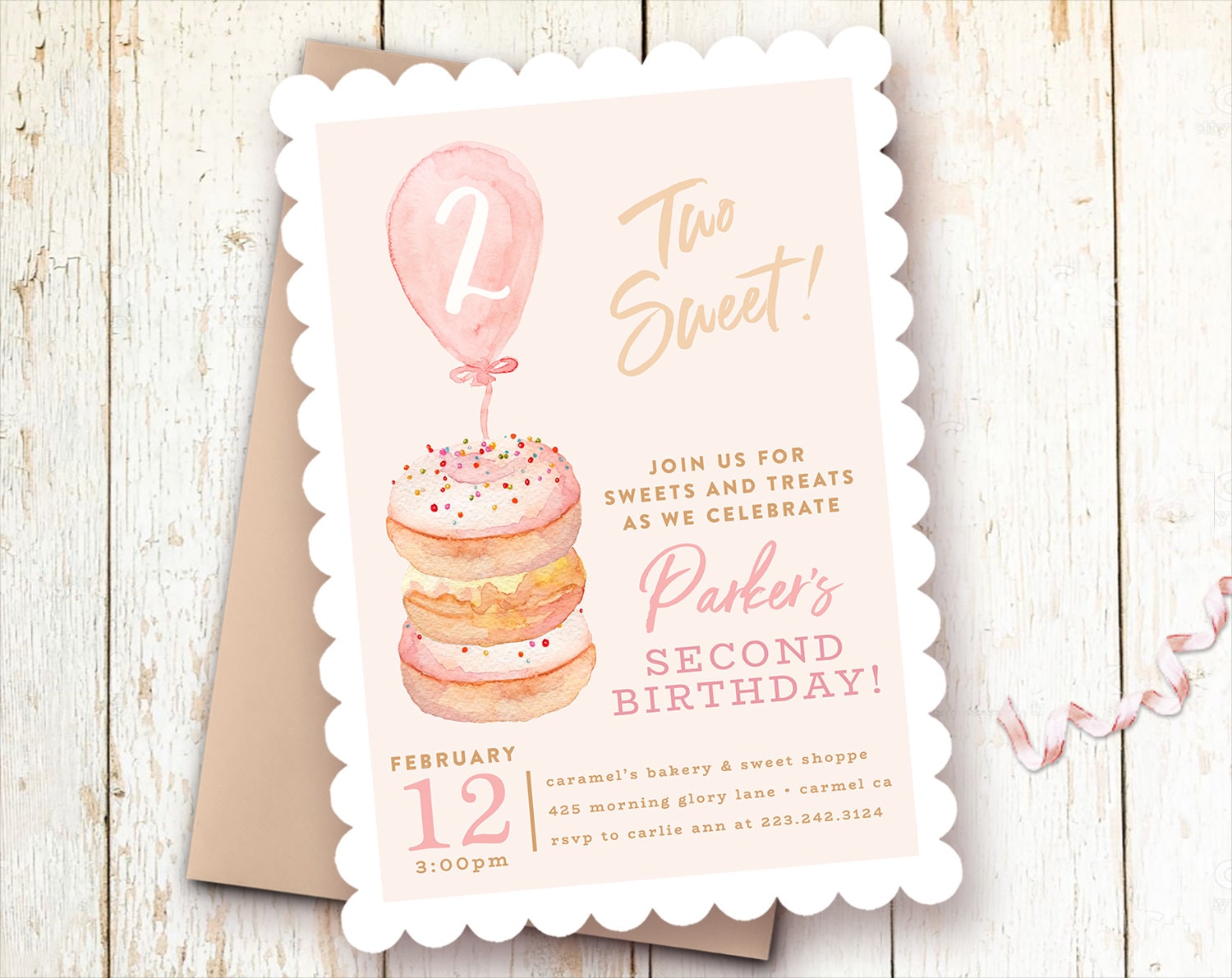 Donut Birthday Invitations Two Sweet Birthday Invitation 2nd Birthday Pink Two Year Birthday Invitations Sweets Party Donut