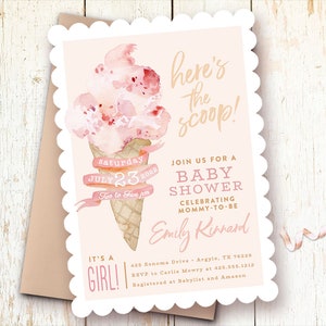 Ice Cream Baby Shower Invitations Girl, Here's the Scoop, It's a Girl, Ice Cream Cone Watercolor Invitation, Girl Baby Shower, Blush Pink