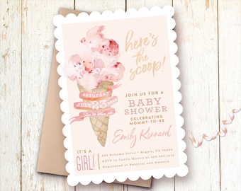 Ice Cream Baby Shower Invitation Girl, Watercolor Pink (Digital or Printed)