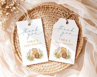 Étiquettes pour cadeaux de baby shower Winnie l'ourson • Hunny Pot Merci • vintage • Garçon • IMPRIMÉE ou NUMÉRIQUE