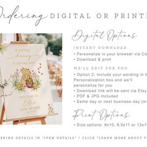 May include: A baby shower sign on an easel with the text "A Little Hunny is on the Way!" and a Winnie the Pooh illustration. The sign includes the baby's name and shower date. Digital and print options are available.