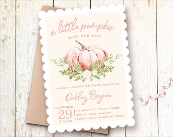 Pink Pumpkin Baby Shower Invitations, Fall Pumpkin Baby Shower Girl, Autumn Baby Shower Invitations Girl, Little Pumpkin is On the Way