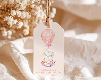 Étiquettes de remerciement pour le goûter • Étiquettes de cadeau d'anniversaire pour le thé • Tasses à thé et ballons floraux • Étiquettes personnalisées pour le 2e anniversaire • Décoration de goûter