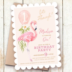 Flamingo Birthday Invitations, 1st Birthday Invitations Girl, One Year Girl Invitations, Let's Flamingle, Pool Party Birthday, Swim Birthday