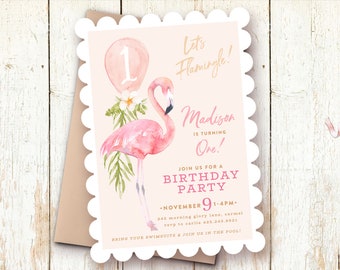 Flamingo Birthday Invitations, 1st Birthday Invitations Girl, One Year Girl Invitations, Let's Flamingle, Pool Party Birthday, Swim Birthday