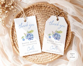 Étiquette de remerciement pour le premier anniversaire des petits fruits • Étiquette de remerciement aux bleuets • Imprimable merci beaucoup aux baies • Étiquette de cadeau pour le premier anniversaire