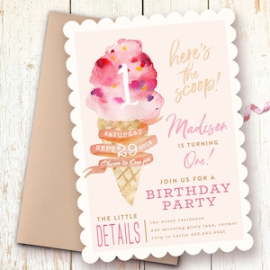 Ice Cream Girl Birthday Invitation, Here's the Scoop, First Birthday Invitations Girl, One Year Girl Birthday Invitations, First Birthday