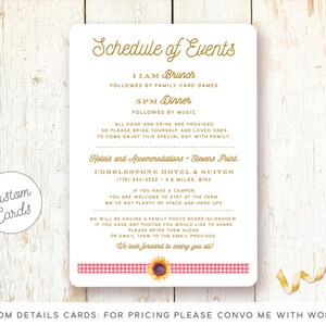 May include: A printable schedule of events for a family gathering. The schedule includes a brunch at 11 AM followed by family card games, and a dinner at 3 PM followed by music. The text also includes information about hotels and accommodations in Stevens Point, Wisconsin. The text says "All food and drink are provided, so please bring yourself and loved ones to come enjoy this special day with family."