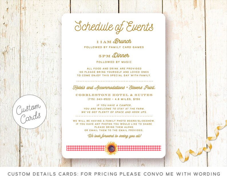 May include: A printable schedule of events for a family gathering. The schedule includes a brunch at 11 AM followed by family card games, and a dinner at 3 PM followed by music. The text also includes information about hotels and accommodations in Stevens Point, Wisconsin. The text says "All food and drink are provided, so please bring yourself and loved ones to come enjoy this special day with family."