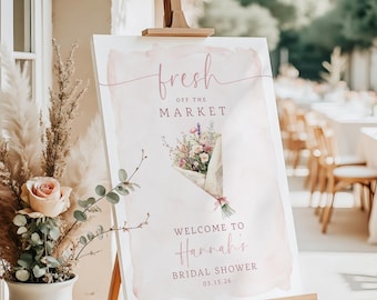 Panneau de bienvenue pour la douche nuptiale fraîchement sorti du marché • Brunch nuptiale • Aquarelle rose poudré • Bouquet de fleurs • Marché aux fleurs • IMPRIMÉ ou NUMÉRIQUE