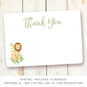 May include: A white thank you card with green text that says "Thank You". A watercolor illustration of a brown lion cub sitting on a green leafy branch is in the bottom left corner.