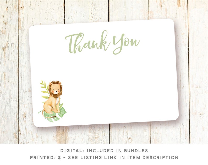 May include: A white thank you card with green text that says "Thank You". A watercolor illustration of a brown lion cub sitting on a green leafy branch is in the bottom left corner.