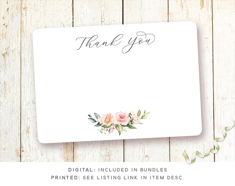 May include: A white thank you card with a simple black script font that says "Thank you". The card has a floral design in the bottom right corner with pink and white flowers and green leaves.