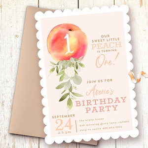 Peach Birthday Invitations, Little Peach, 1st Birthday Invitations Girl Peach, One Year Girl Invitations, Sweet as a Peach, Pie, Peach Theme