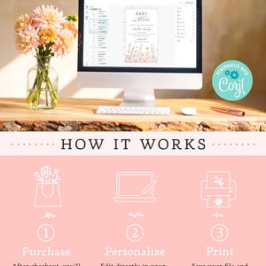 May include: A computer monitor displays a baby shower invitation template with floral accents. The image includes text: "TRY BEFORE YOU BUY!" and "HOW IT WORKS." A vase of flowers and a pen are on the wooden desk.
