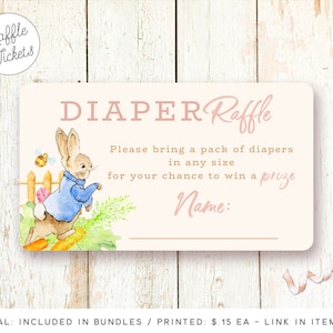 May include: A pink and white diaper raffle ticket with a watercolor illustration of a rabbit holding a carrot. The text reads "DIAPER Raffle" and "Please bring a pack of diapers in any size for your chance to win a prize". There is a space for a name.