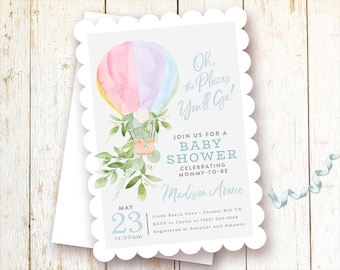 Hot Air Balloon Baby Shower Invitations, Oh the Places You'll Go, Dr. Seuss, Shower Invite, Baby Sprinkle, Couples, Printed, Digital, Boy