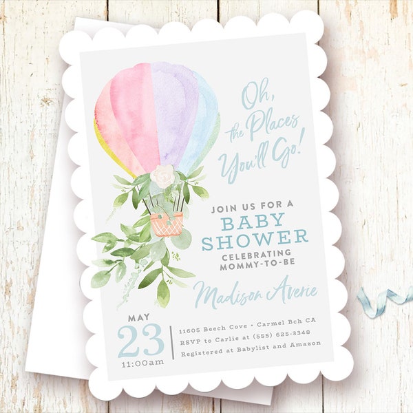 Hot Air Balloon Baby Shower Invitations, Oh the Places You'll Go, Dr. Seuss, Shower Invite, Baby Sprinkle, Couples, Printed, Digital, Boy