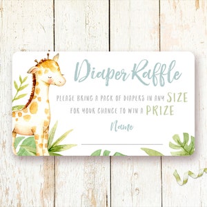 May include: A white card with a giraffe illustration and green leaves. The text on the card reads "Diaper Raffle" and "Please bring a pack of diapers in any size for your chance to win a prize". There is a blank line for a name.