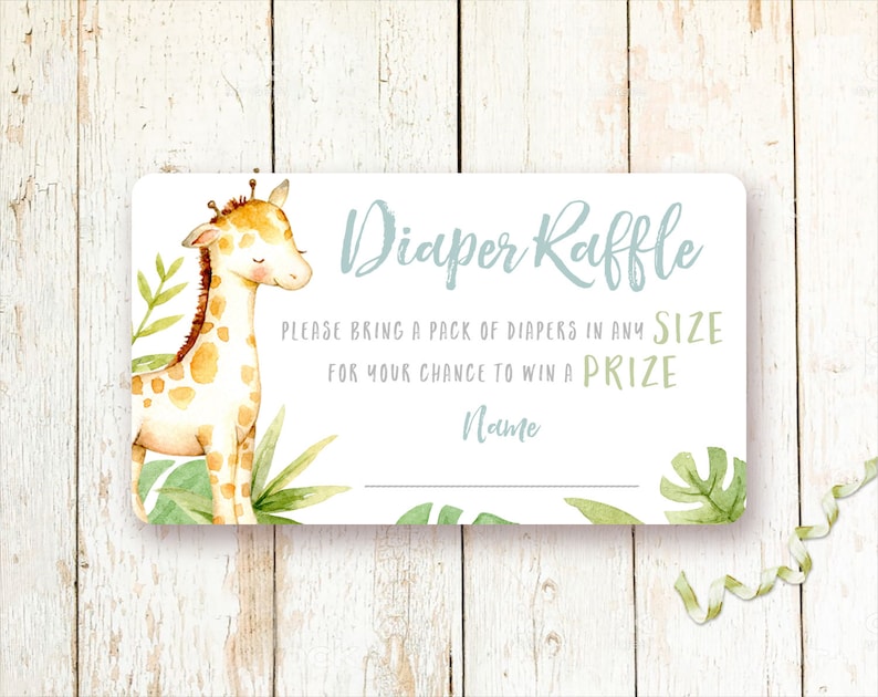 May include: A white card with a giraffe illustration and green leaves. The text on the card reads "Diaper Raffle" and "Please bring a pack of diapers in any size for your chance to win a prize". There is a blank line for a name.