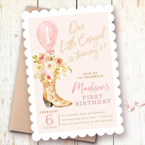 Cowgirl Birthday Invitations, Cowboy Boot Invitations, First Birthday Party Girl Invitation, Little Cowgirl, Pink, Printed, Scallop