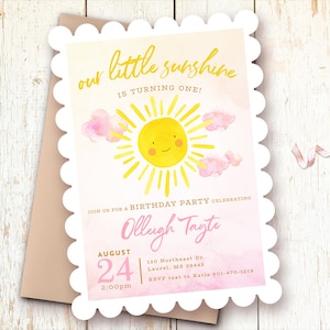 Sunshine Birthday Invitations, 1st Birthday Invitations Girl Pink Yellow, One Year Invitations, Our Little Sunshine Theme Birthday Party