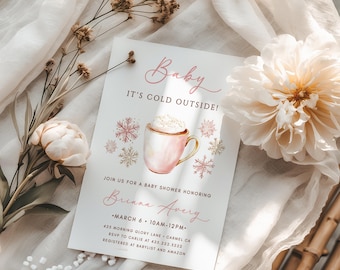 Faire-part pour une douche extérieure bébé il fait froid • Thème cacao hiver bohème • Minimaliste • Rose poudré • FILLE • Modifiable • Téléchargement instantané • Evite