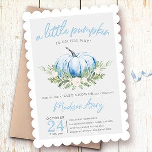 Pumpkin Baby Shower Invitation Boy, Blue Pumpkin Baby Shower Boy, Little Pumpkin is On the Way, Autumn Baby Shower Invitations Boy, Invite