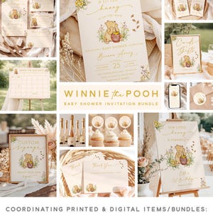 May include: A collection of Winnie the Pooh themed baby shower and birthday party supplies. Includes invitations, signage, cupcake toppers, and thank you cards. The items feature illustrations of Winnie the Pooh with honey pots and floral accents. The text reads "A Little Honey" and "Our Little Honey is Turning One."