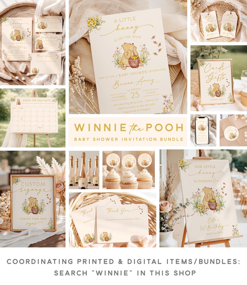 May include: A collection of Winnie the Pooh themed baby shower and birthday party supplies. Includes invitations, signage, cupcake toppers, and thank you cards. The items feature illustrations of Winnie the Pooh with honey pots and floral accents. The text reads "A Little Honey" and "Our Little Honey is Turning One."