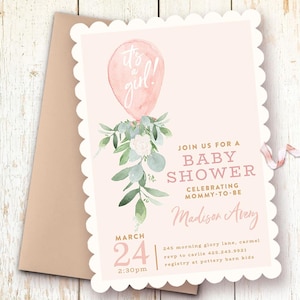 Baby Shower Invitations, Baby Girl Shower Invitations, Balloon, Blush Baby Shower Invitations, Pink Greenery Baby Shower, It's a Girl Invite