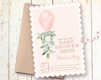 Baby Shower Invitations, Baby Girl Shower Invitations, Balloon, Blush Baby Shower Invitations, Pink Greenery Baby Shower, It's a Girl Invite