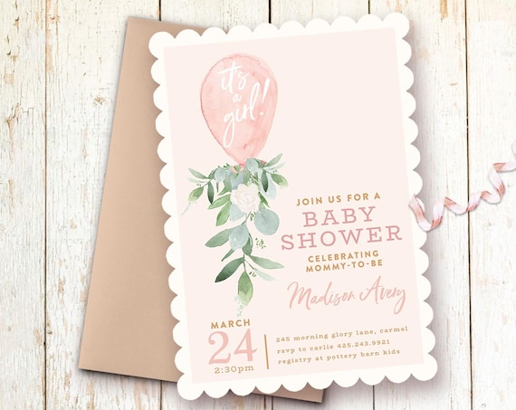 Baby Shower Invitations, Baby Girl Shower Invitations, Balloon, Blush Baby Shower Invitations, Pink Greenery Baby Shower, It's a Girl Invite