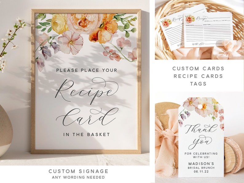 Peut inclure: Une affiche imprimable avec des illustrations florales aquarelle et le texte "Veuillez placer votre carte de recette dans le panier". L'affiche est encadr&eacute;e dans un cadre en bois clair. L'affiche fait partie d'un ensemble de d&eacute;corations de f&ecirc;te de mariage imprimables qui comprend &eacute;galement des cartes de recettes et des &eacute;tiquettes de remerciement.