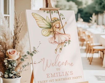 Letrero de bienvenida de hadas para niña • Póster de fiesta de primer cumpleaños con temática de jardín caprichoso • Columpio de hadas • Vestido rosa palo • Bosque • IMPRESO o DIGITAL