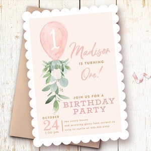 Girl Birthday Invitation, 1st Birthday Invitations Girl, One Year Girl Birthday Invitations, First Birthday Party, Balloon, Greenery, Blush