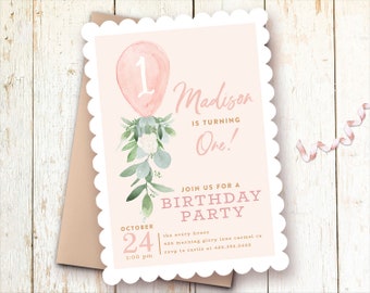 Girl Birthday Invitation Pink, 1st Birthday Invitations Girl, One Year Girl Birthday Invitations, First Birthday Party, Greenery, Blush