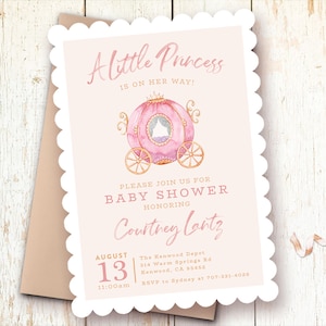 Princess Baby Shower Invitations, Little Princess is On the Way, Carriage, Girl Baby Shower Invite, Printed, Scalloped