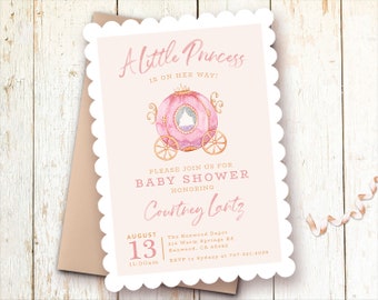 Princess Baby Shower Invitations, Little Princess is On the Way, Carriage, Girl Baby Shower Invite, Printed, Scalloped