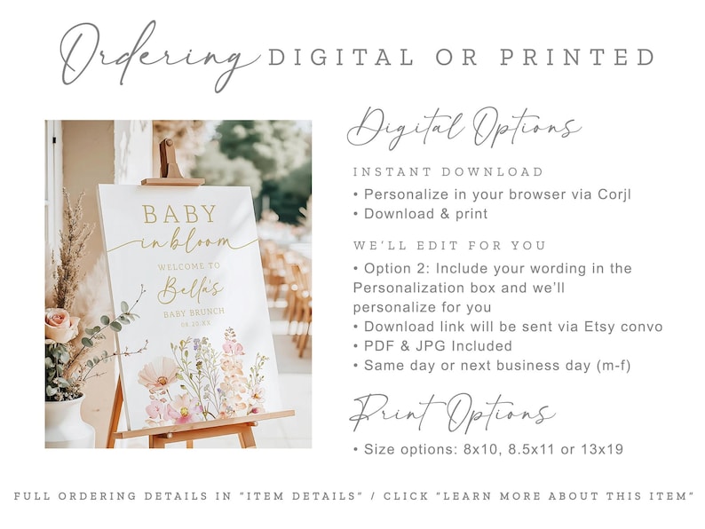 Wildflower Baby Shower Welcome Sign, Baby in Bloom, A Little Wildflower on the Way, Brunch, Elegant, Chic, Garden Inspired, PRINTED DIGITAL zdjęcie 7