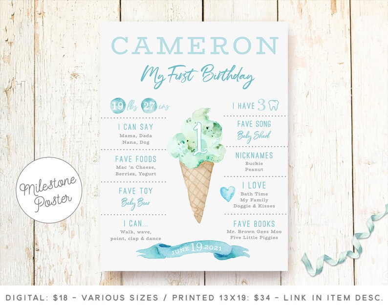 May include: A blue and green watercolor illustration of an ice cream cone with the number "1" on top. The poster is a milestone poster for a baby's first birthday and includes information about the baby's age, weight, favorite foods, toys, songs, books, and activities. The poster is titled "Cameron My First Birthday" and includes the date "June 19, 2021".