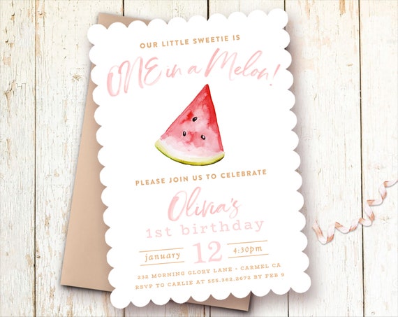 One in a Melon Birthday Invitations, Watermelon Invite, 1st Birthday Party Invitations, One Year Girl Invitations, Picnic Birthday,
