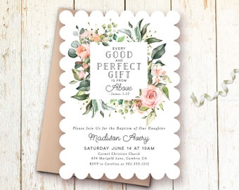 Baptism Invitations, Greenery Baptism Invitations, Every Good and Perfect Gift, James 1:17, Elegant Baptism Invitations, Pink Flower Baptism