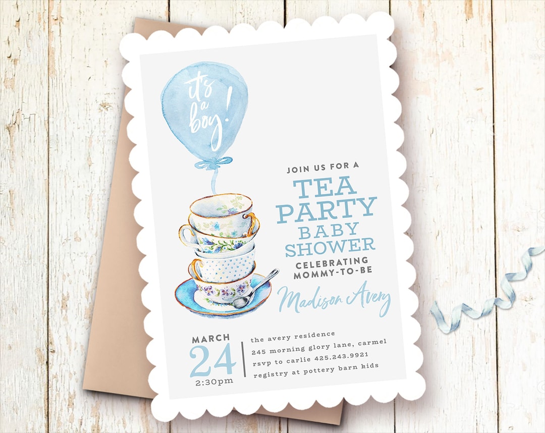 Tea Party Baby Shower Invitations, Teacups, Boy, Printed or Digital Canada