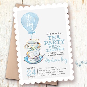 Tea Party Baby Shower Invitations, Boy Tea Party Baby Shower, Baby Boy Shower Invitations, Baby Shower Invitations, Blue Tea Cups