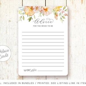 Peut inclure: Une carte d'advice imprimable pour une future mari&eacute;e avec un motif floral dans des tons de p&ecirc;che, jaune et vert. La carte porte le texte "Advice for the bride-to-be" et "With Love."